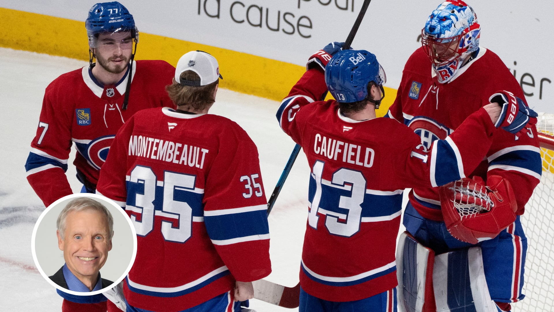 Kirby Dach, Samuel Montembeault, Cole Caufield et Jakub Dobes célèbrent la victoire des Canadiens contre le Wild.