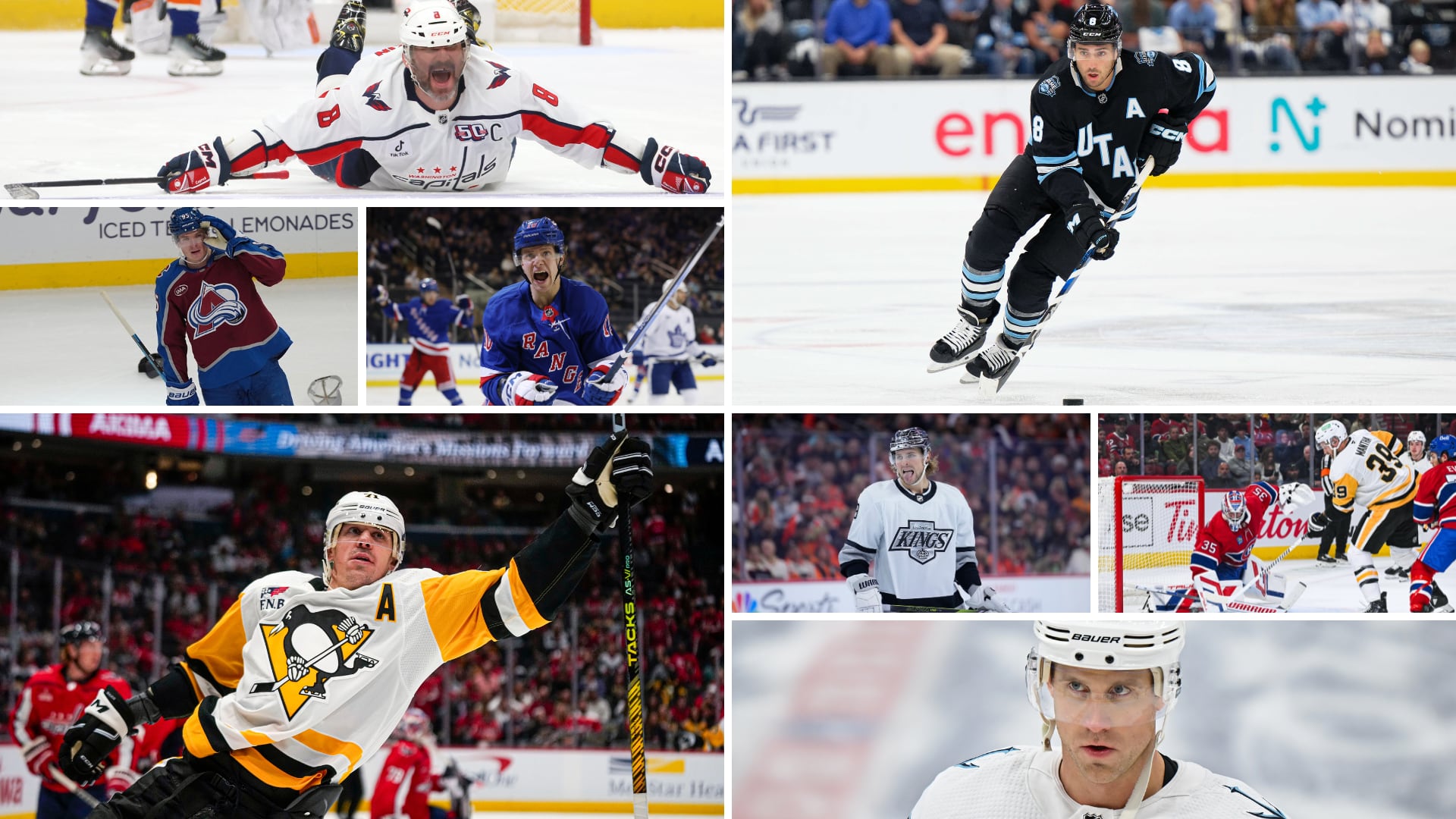 De gauche à droite et de haut en bas - Alexander Ovechkin, Victor Olofsson, Artemi Panarin, Evgeni Malkin, Nick Schmaltz, Adrian Kempe, Anthony Mantha et Jaden Schwartz