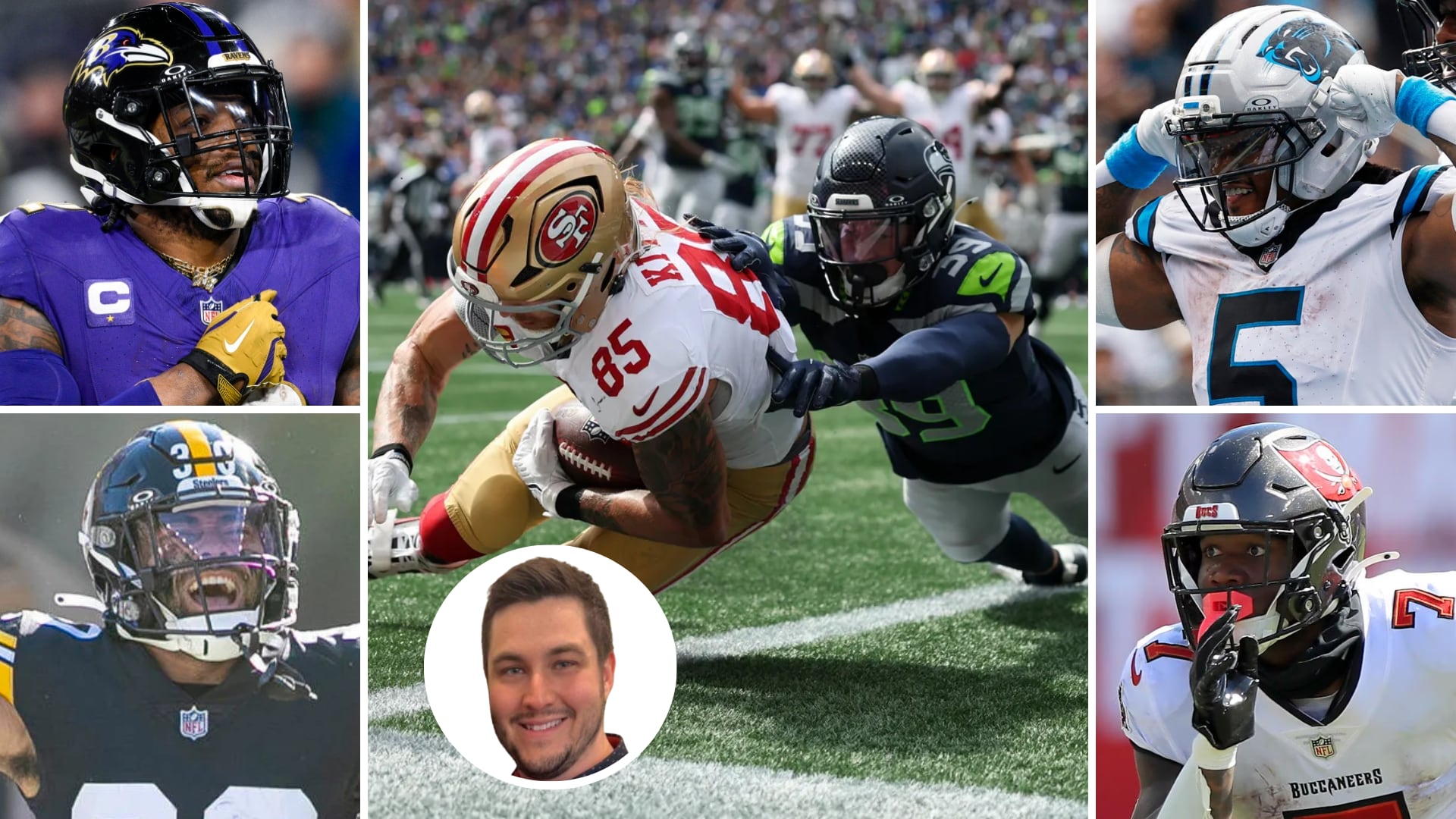 Derrick Henry, Jaylen Warren, George Kittle, Ty Okada, Rico Dowdle et Bucky Irving
