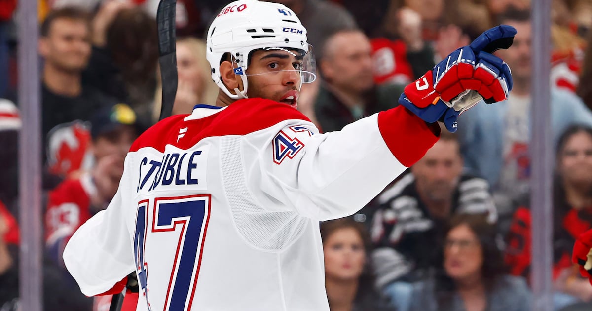 Photo: RDS Montreal Canadiens defenseman Jayden Struble reacts after scoring against the New Jersey Devils during the first period of