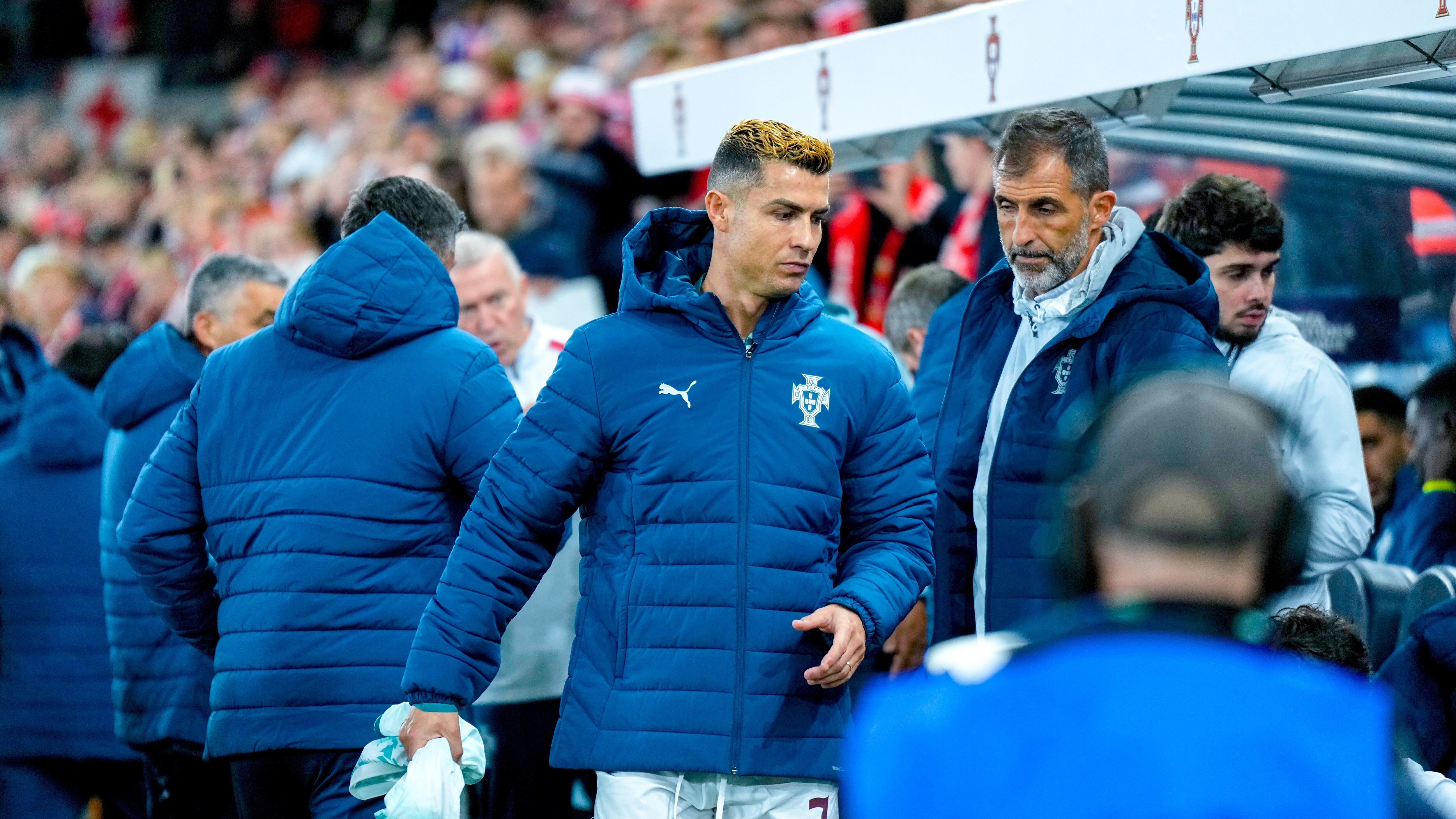 Portugal's Cristiano Ronaldo starts on the bench during a Nations League soccer match between between Norway and Portugal, in Oslo on Sept. 27, 2026. (Cornelius Poppe / NTB Scanpix via AP)