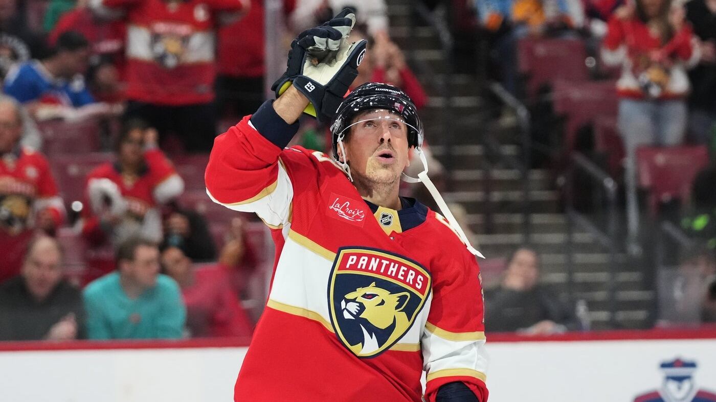 Florida Panthers left wing Brad Marchand celebrates after scoring a goal during the second period of an NHL hockey game against the Dallas Stars, Saturday, Nov. 1, 2025, in Sunrise, Fla. (AP Photo/Lynne Sladky)